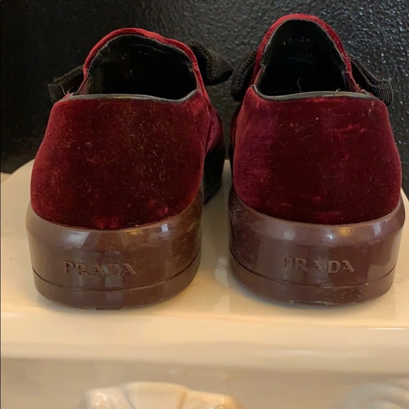 Prada Linea Rossa Red Velvet Bow Slip On Sneakers - Picture 6 of 8